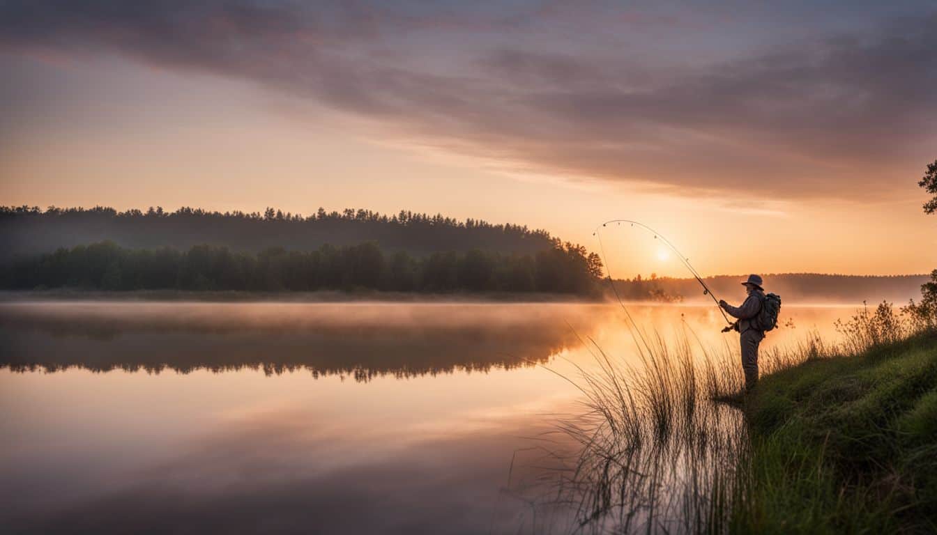 A serene lake scene with a fishing rod and lure at dawn, captured with high-quality photography equipment.