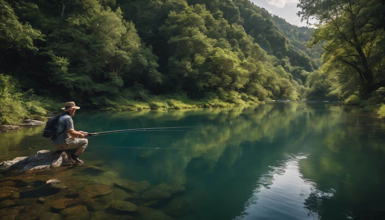 A person alone in nature, fishing in a serene river surrounded by lush greenery.