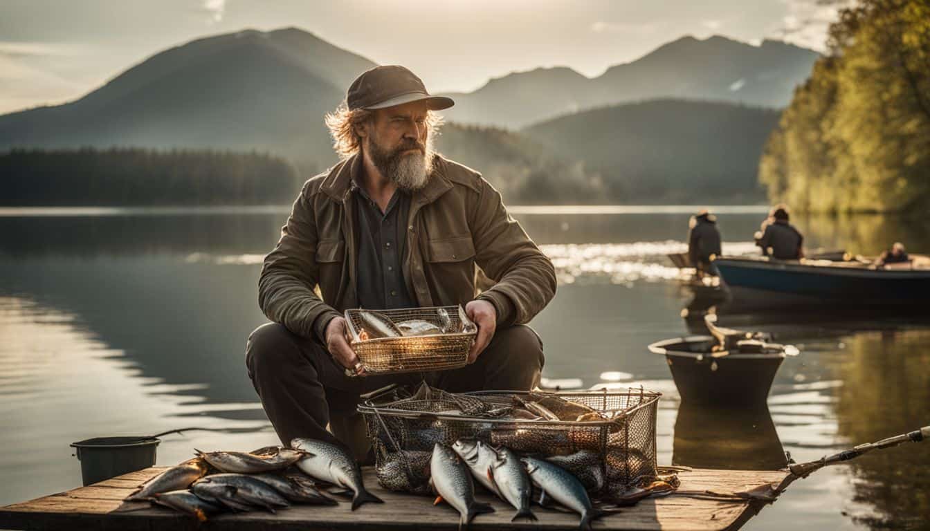 A fisherman proudly holds up a large catch of various fish in a serene lakeside setting.