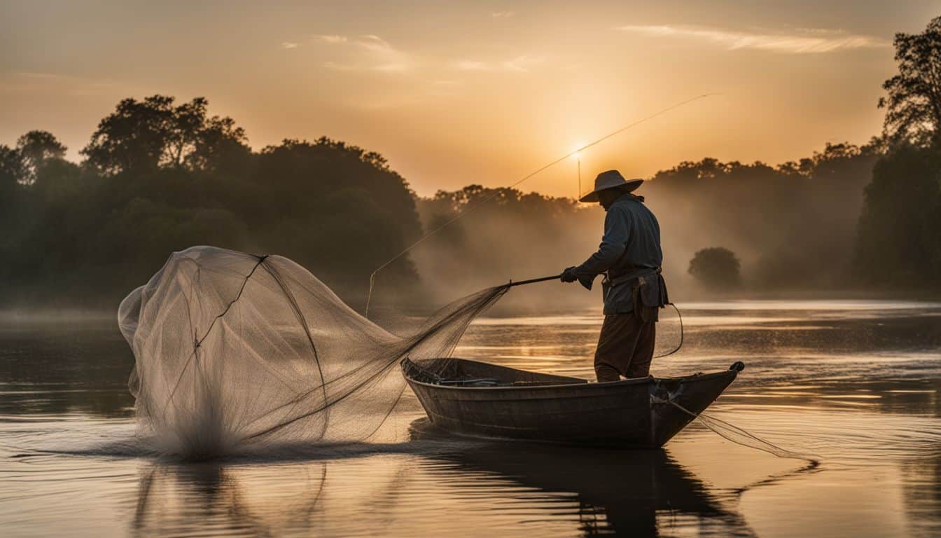 A fisherman casts a net into a calm river at dawn, capturing the tranquil beauty of the landscape.