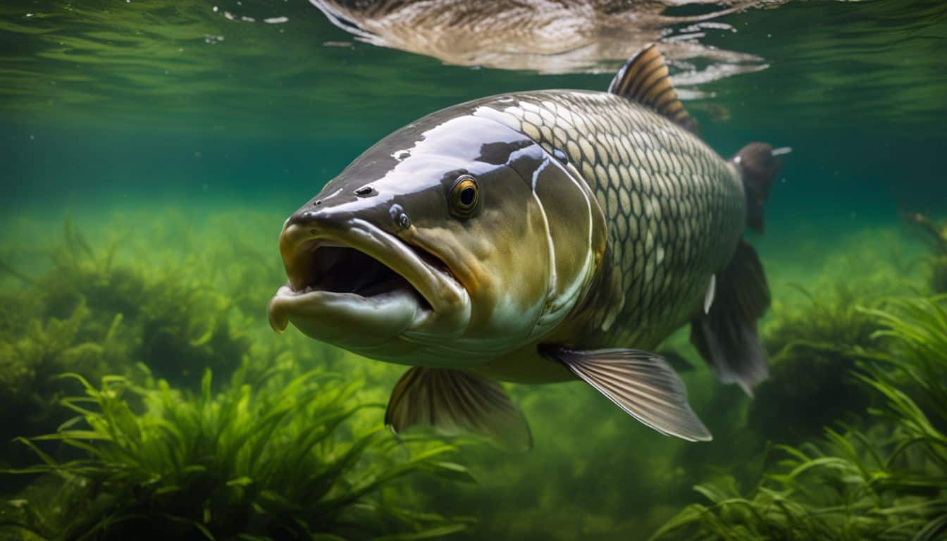 A beautiful carp swims in a serene lake surrounded by lush greenery in a vibrant atmosphere.