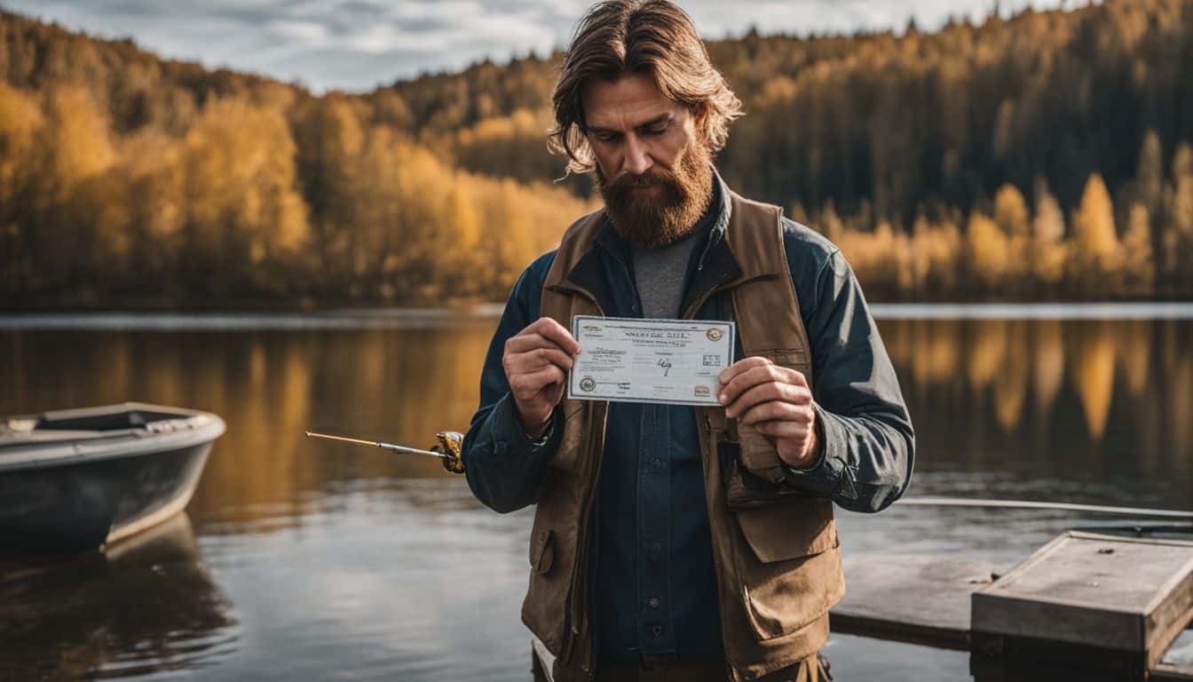 A fisherman holds a fishing license by a serene lake, surrounded by a diverse group of people.