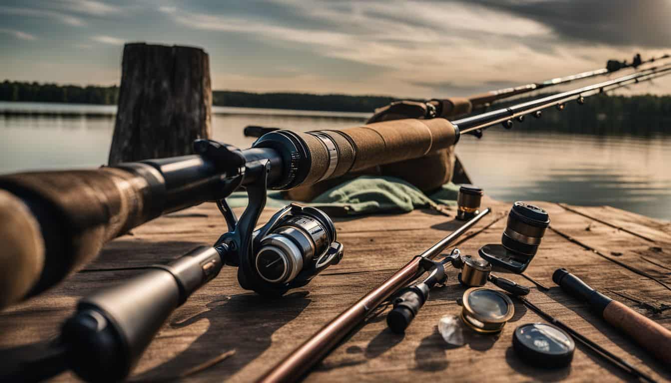 A fishing rod with tackle laid out on a lakeside, creating a vibrant and bustling atmosphere.