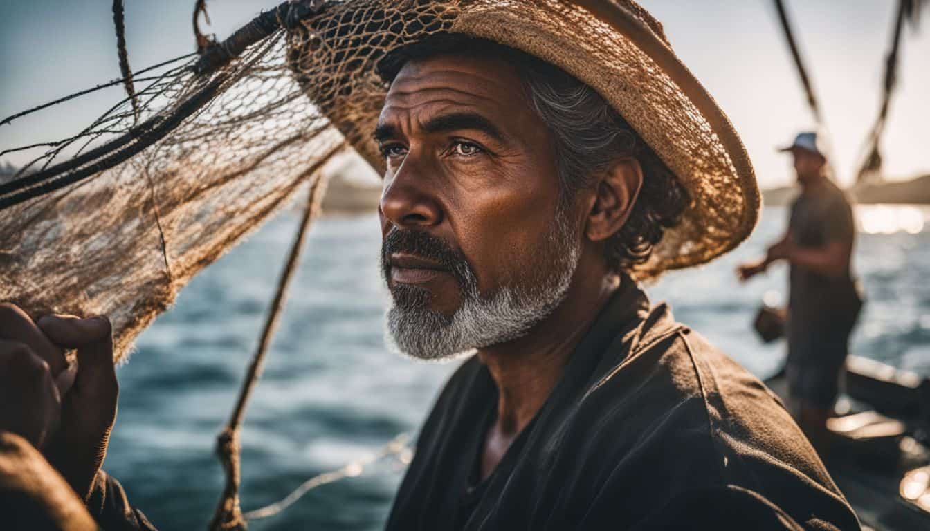 A fisherman with a fishing net on a boat in the middle of a vibrant ocean.