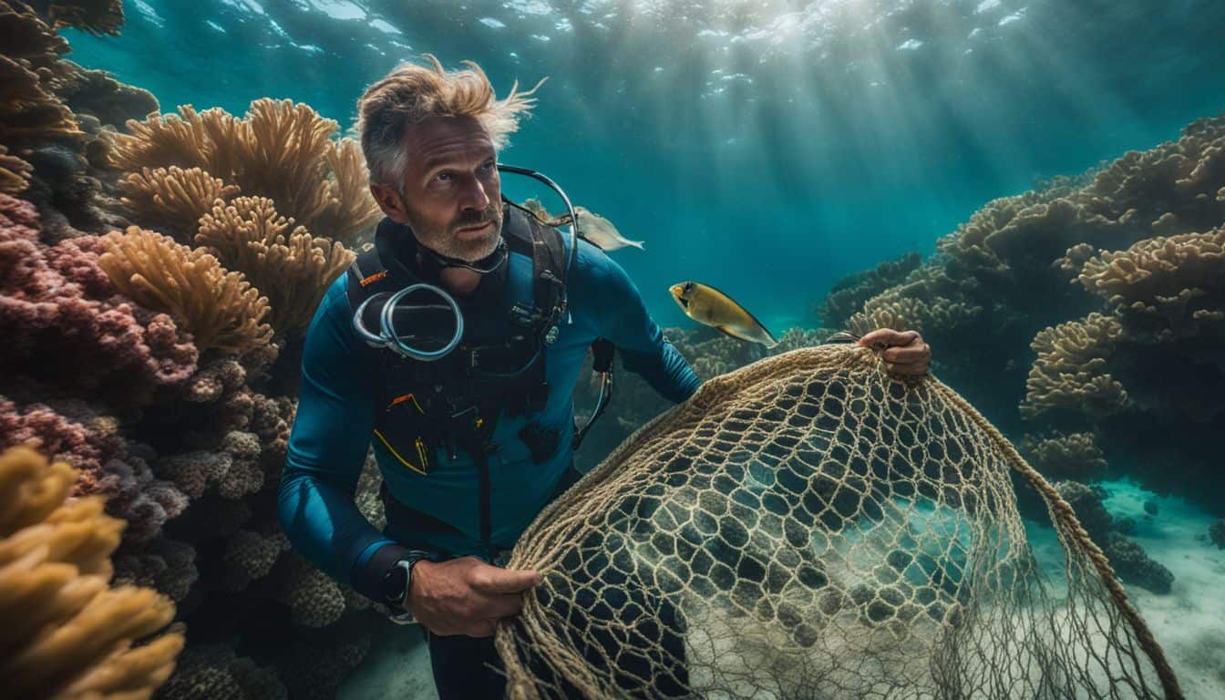 A fisherman holds a net in a vibrant coral reef, surrounded by diverse faces, hairstyles, and outfits.