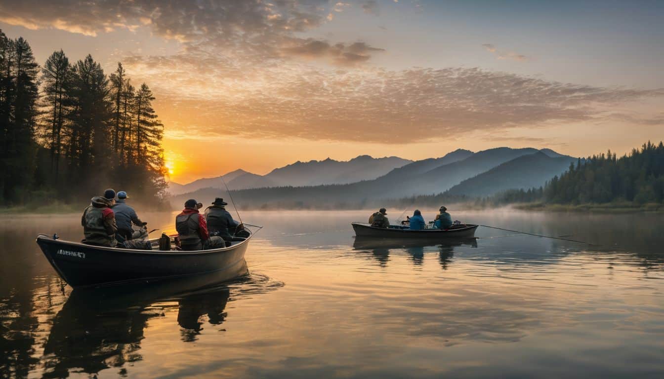 A diverse group of anglers participates in a fishing tournament on a calm lake at sunrise.