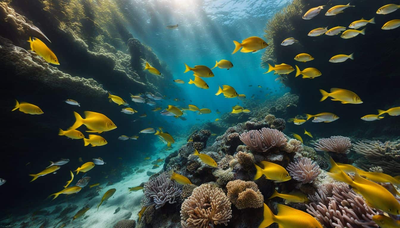 A vibrant school of fish swimming in a tropical reef, captured in stunning detail and vivid colors.