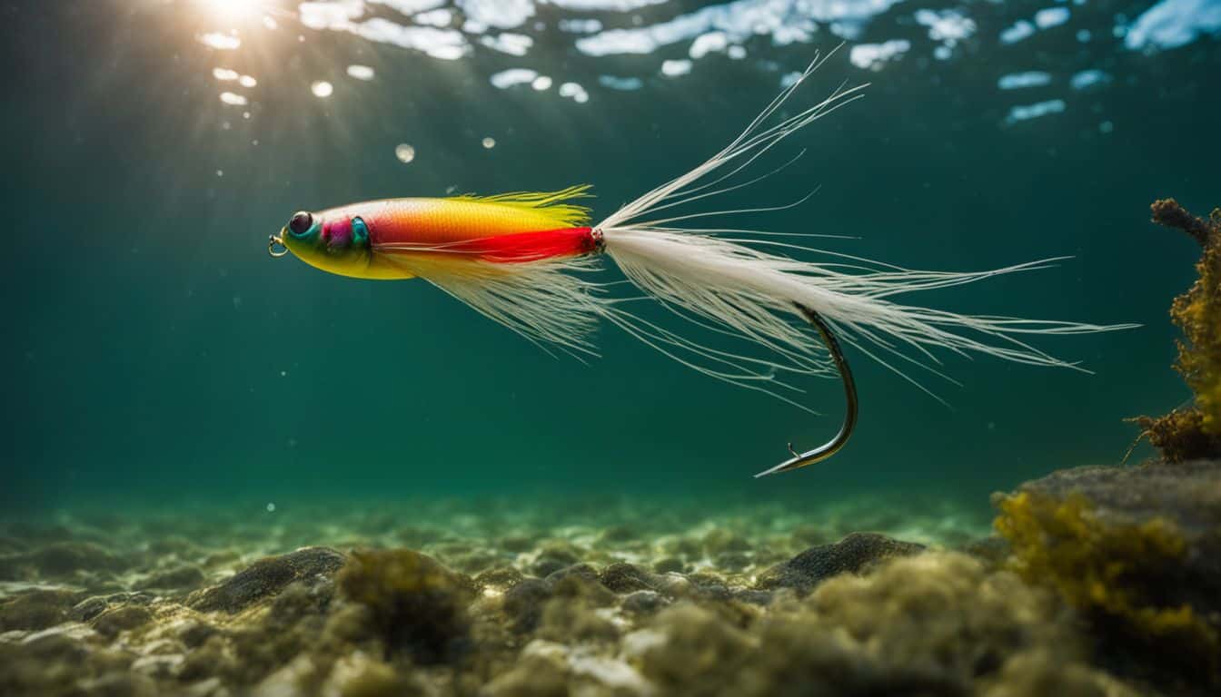 A vibrant jig lure sinks underwater in a stunning lake setting, capturing the beauty of nature.