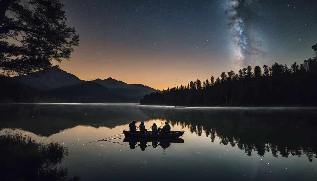 A group of friends enjoying a night of fishing under a starry sky on a calm lake.