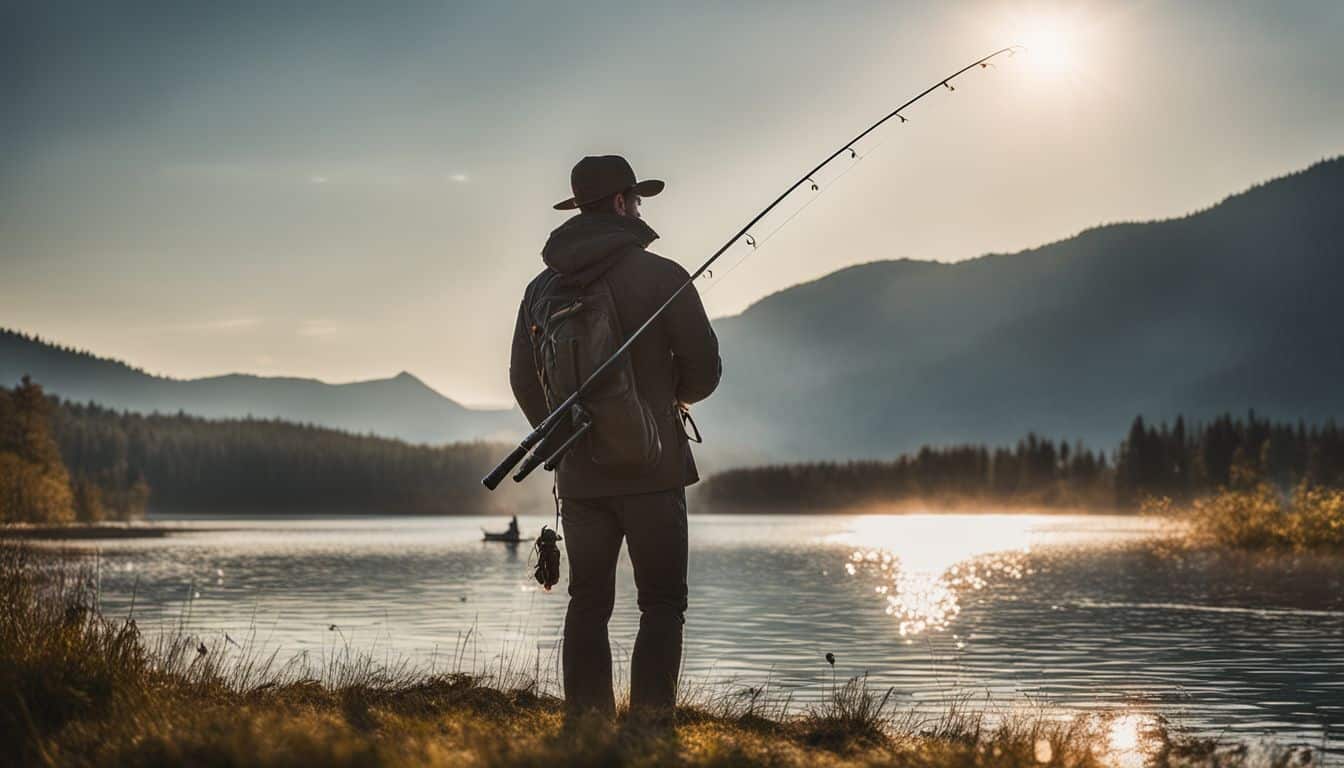 A fisherman with various appearances and gear stands by a peaceful lake while holding a fishing rod.