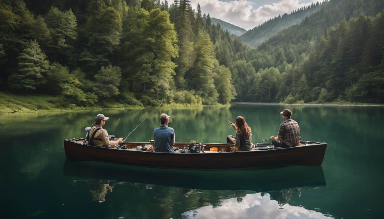 A diverse group of friends enjoy a day of fishing on a beautiful, serene lake.