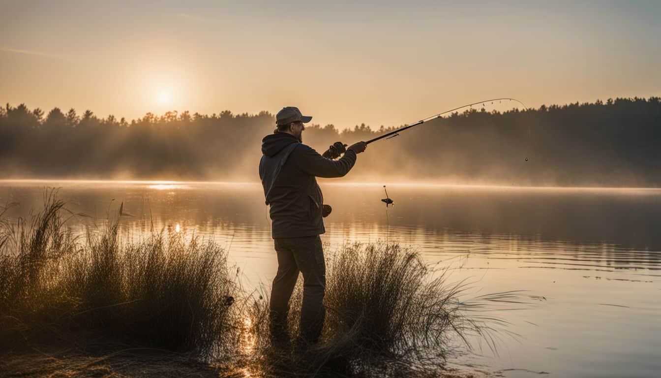 A fisherman casting a jig lure into a calm lake at sunrise.